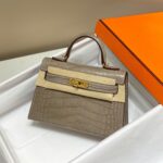 HN MINI KELLY IN MOCHA BROWN CROCODILE SKIN GOLD HARDWARE