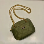 QUILTED HOBO BAG 19 IN PICKLE GREEN HANDMADE NYLON GOLD HARDWARE - Image 4