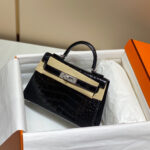 HN MINI KELLY IN BLACK CROCODILE SKIN SILVER HARDWARE
