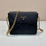LARGE QUILTED FLAP BAG 23 IN BLACK RE-NYLON FABRIC GOLD CHAIN - Image 2