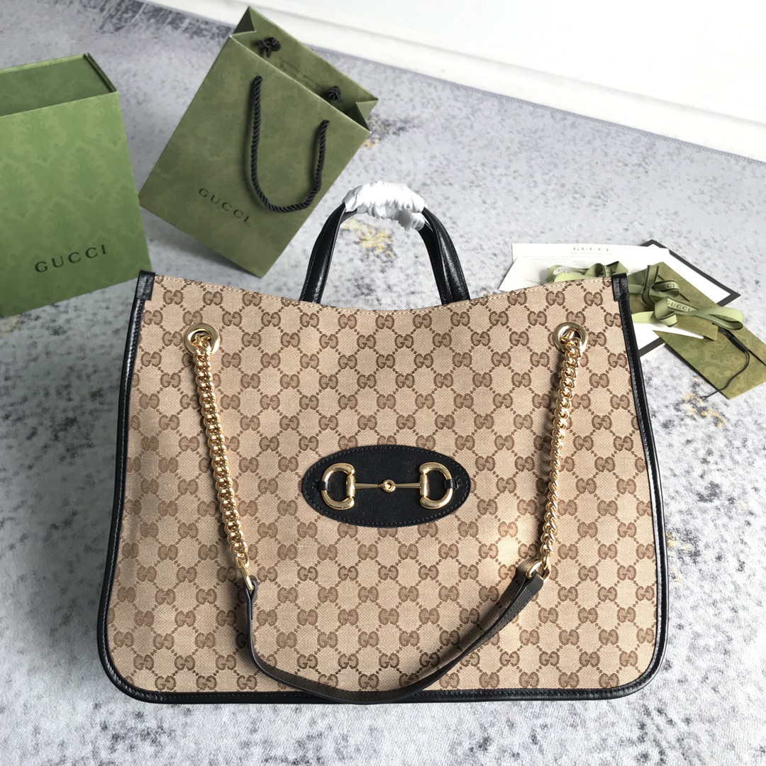 8f4bb7e1.jpeg Gucci Brown Large GG Canvas 1955 Horsebit Chain Tote Beige - Image 1