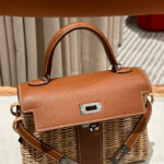 HN PICNIC HANDBAG IN BROWN & NATURAL LEATHER AND WICKER SILVER HARDWARE - Image 5