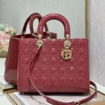 Dior Lady Replica 11 Women’s Handbag Red Glossy Leather Gold Lock 32cm