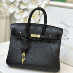 HN 25 Black Ostrich Leather Gold Hardware