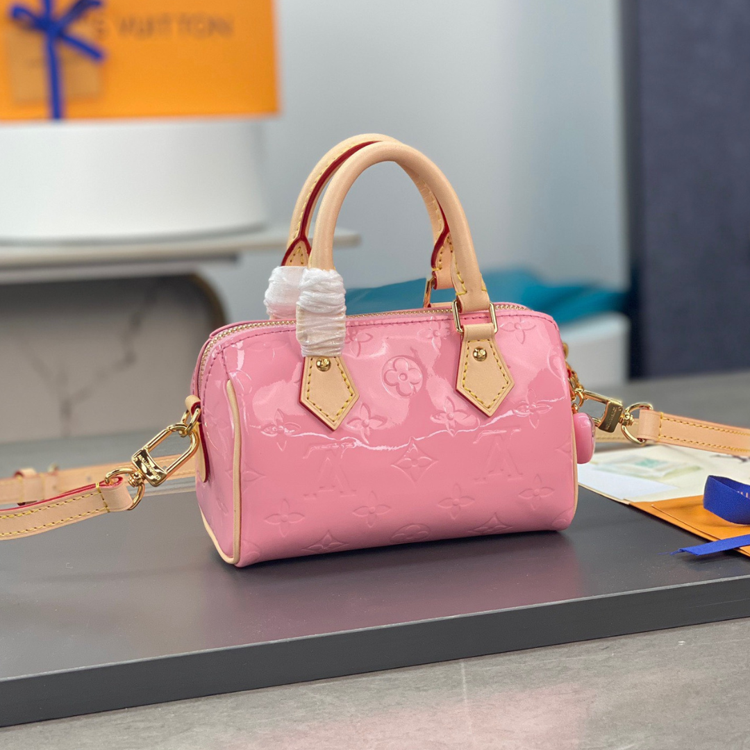 Untitled-design-2025-05-28T111212.624.png Louis Vuitton LV Nano Speedy Pink Mini Like Auth Shiny Leather Handbags 16x10x7.5cm - Image 1