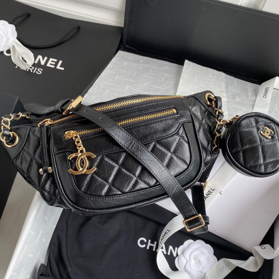 Untitled-design-2025-05-29T024717.827.png Chanel Bumbag Black Wrinkled Leather Lock Gold Handbags 34x15x6cm - Image 1