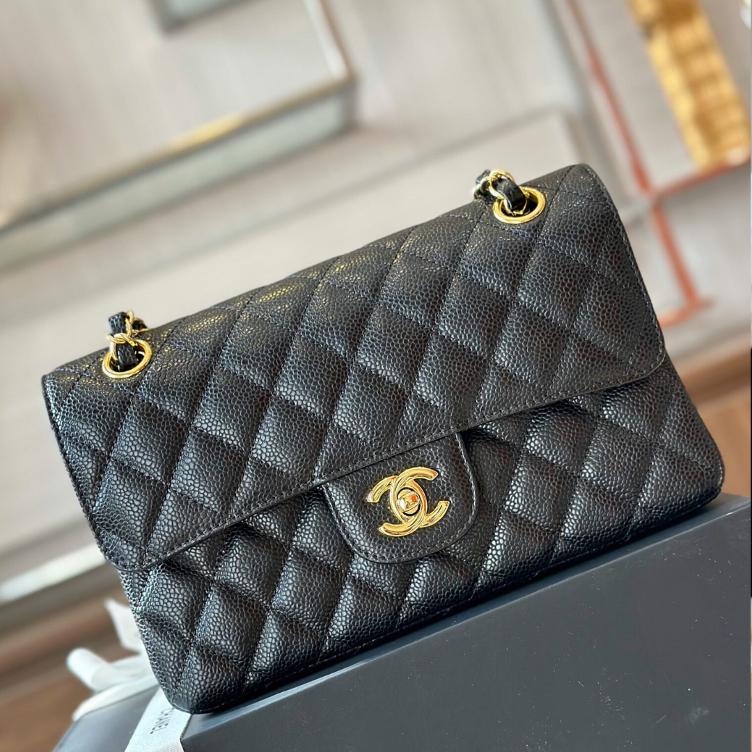 Untitled-design-2025-05-29T051925.480.png Chanel Classic Handbags With Lock Gold Black Leather 23cm - Image 1
