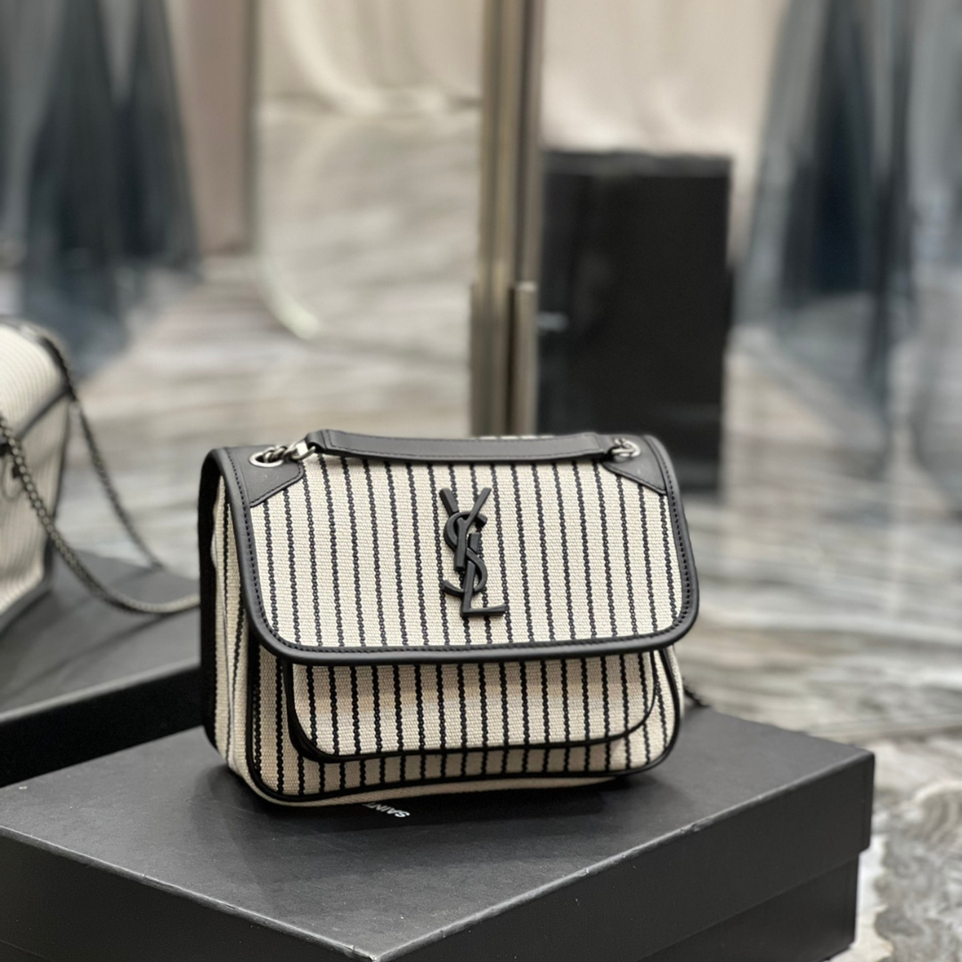 Untitled-design-2025-06-10T092806.768.png Saint Laurent Cotton Canvas Striped Vintage Calfskin Monogram Medium Niki Chain Satchel - Image 1