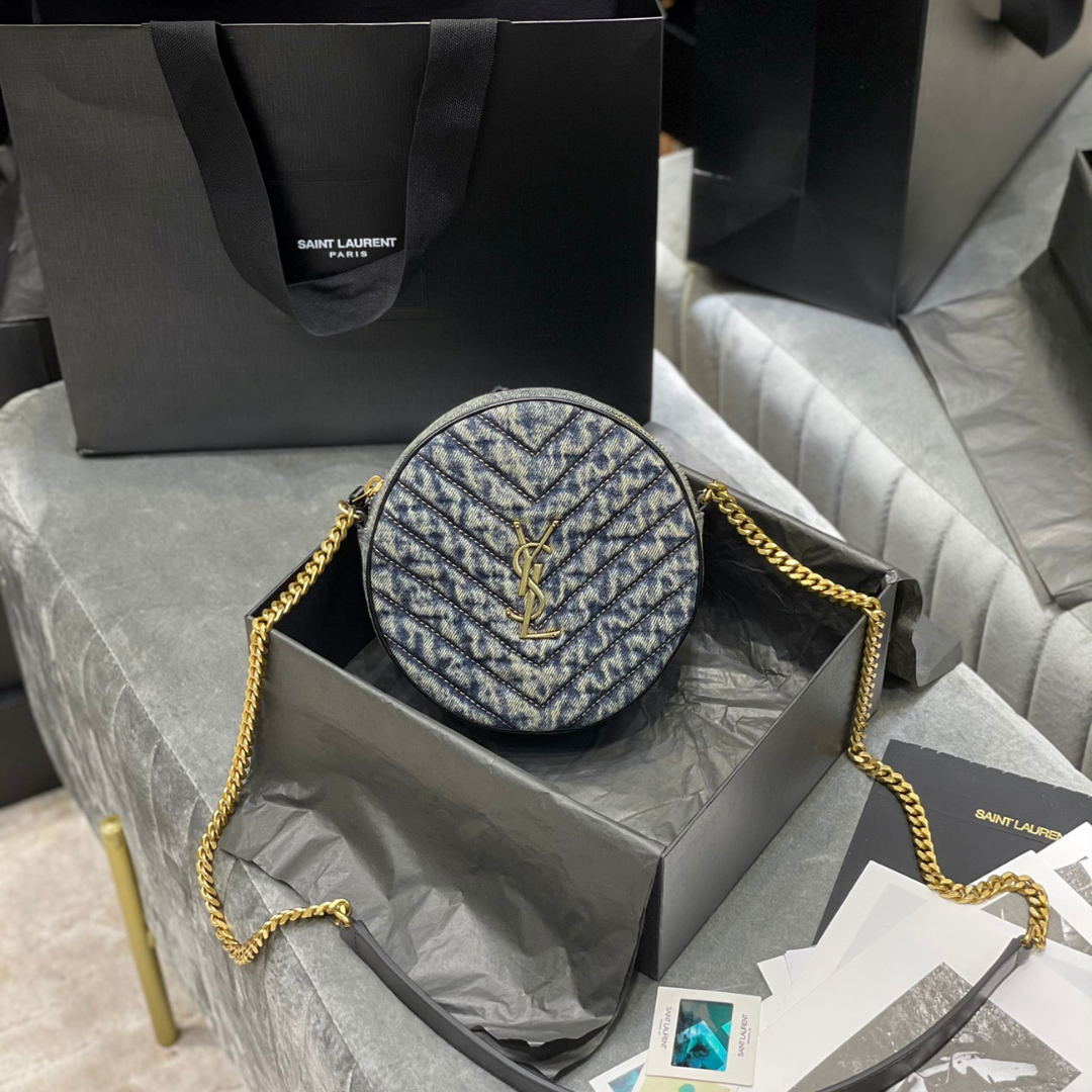 Untitled-design-2025-06-11T233358.961.png Saint Laurent YSL Women Vinyle Round Camera Bag in Chevron-Quilted Denim and Suede - Image 1