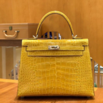 HN 25 Sellier Jaune ambre Genuine Alligator Crocodile skin Gold hardware