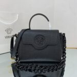 Versace La Medusa medium top handle bag in black grained leather