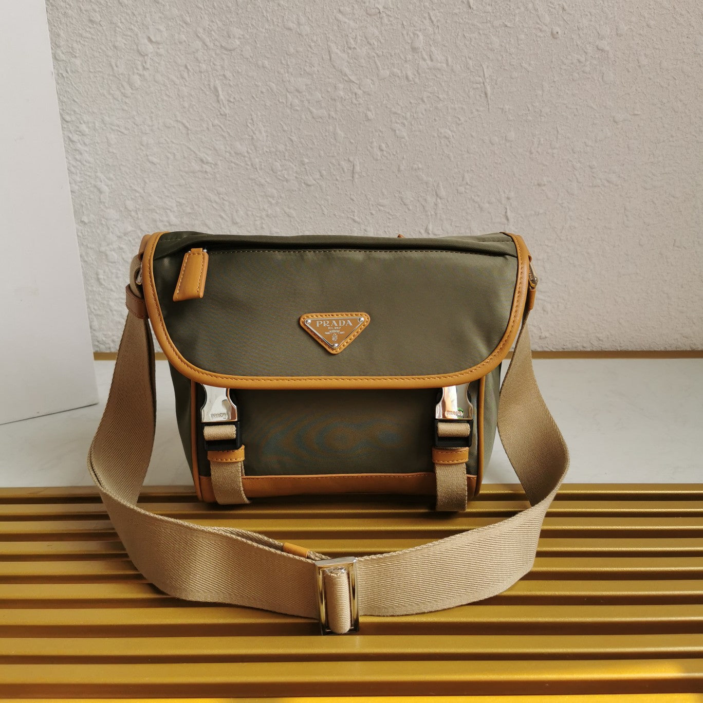 img_8300df26_20240902_a1725267362835_1122_jpg.jpg MESSENGER BAG 20 IN KHAKI GREEN RE-NYLON AND BROWN CALFSKIN TRIM - Image 1