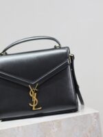 YSL CASSANDRA TOP HANDLE BAG MEDIUM BLACK SMOOTH LAMBSKIN GOLD HARDWARE - Image 4