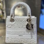 Dior White Lace Embroiderd Medium Lady D-Lite Bag